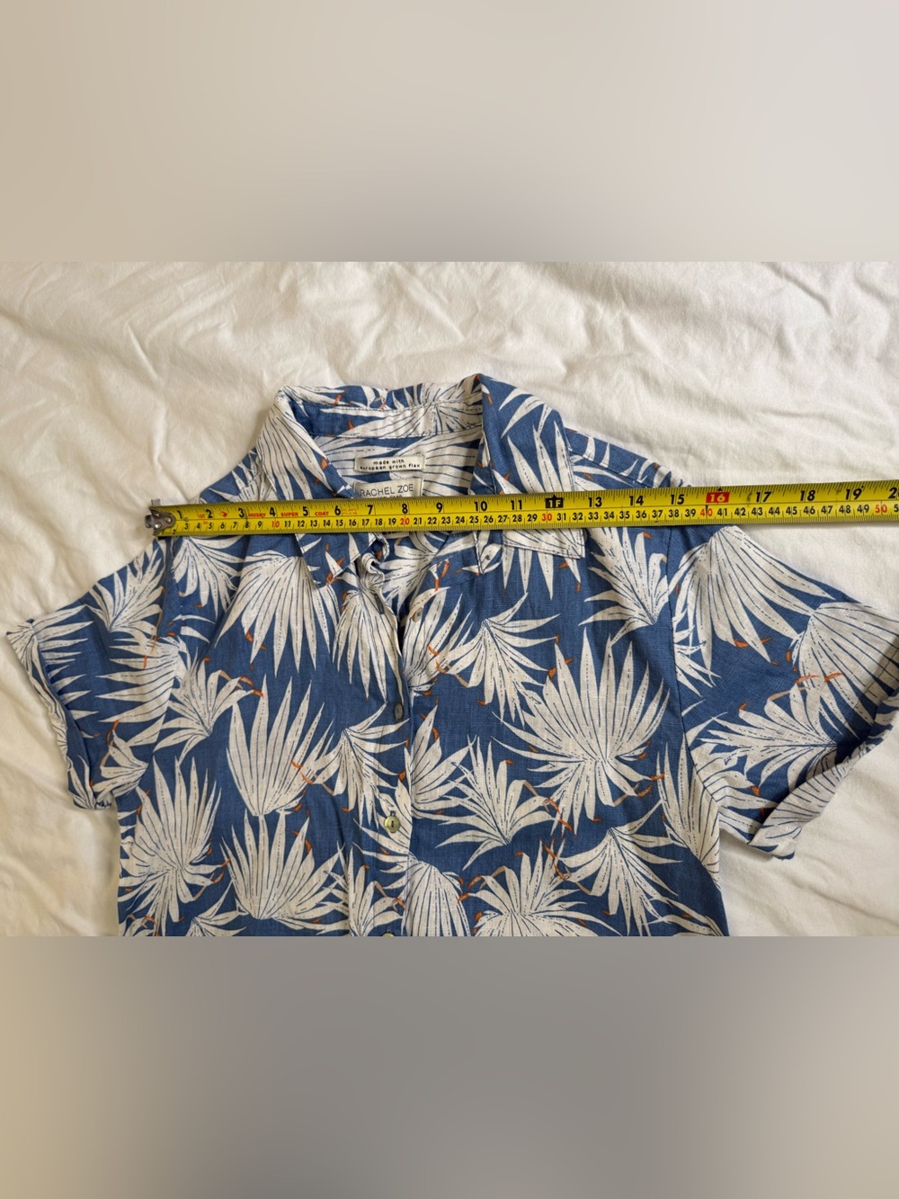 Rachel Zoe 100% Linen Palm Leaf Shirt Dress Coastal Resort Vacation Blue Small - Picture 8 of 10